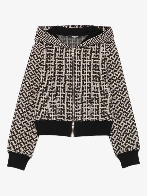 Balmain Kids 모노그램 패턴 집업 후드티