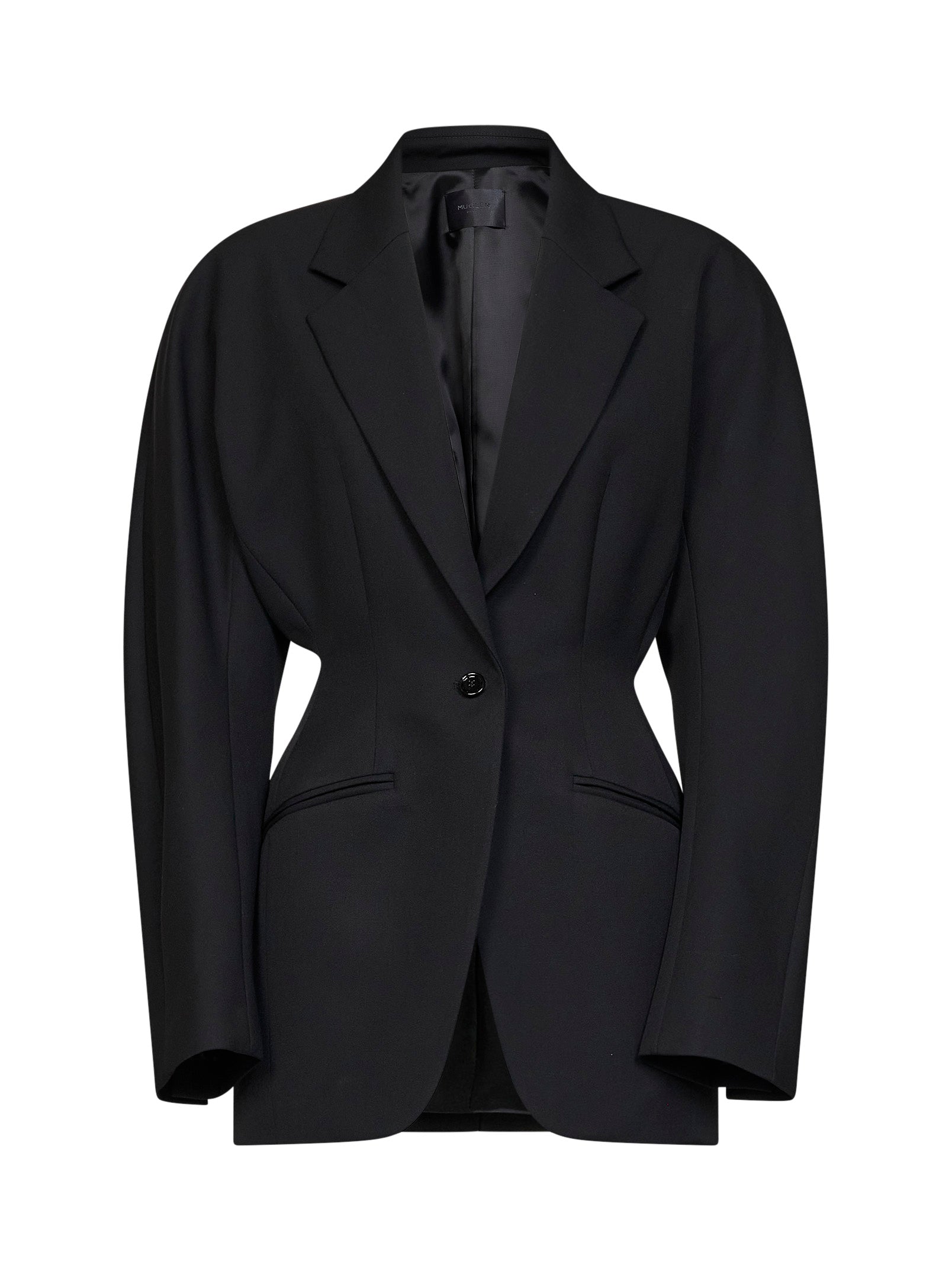 MUGLER 블랙 경량 버진 울 디컨스트럭티드 시친드 블레이저