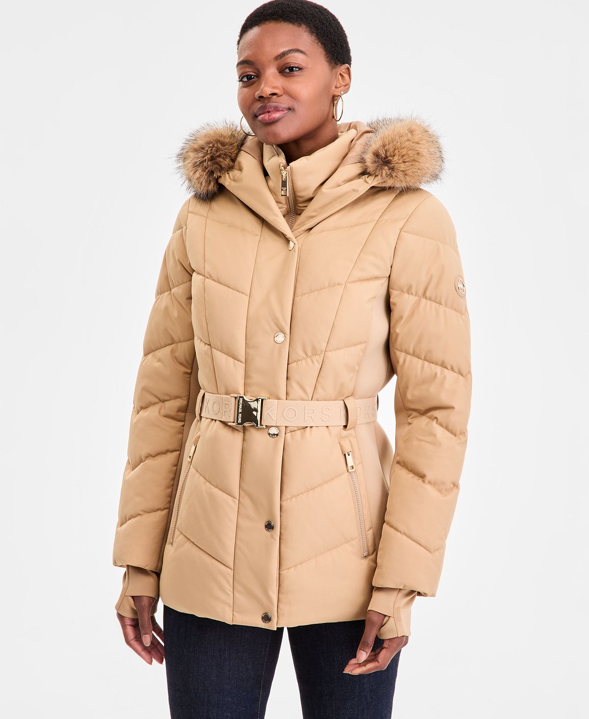 Michael Kors 여성 퍼프 코트 후드 모자 인조 털 트림
