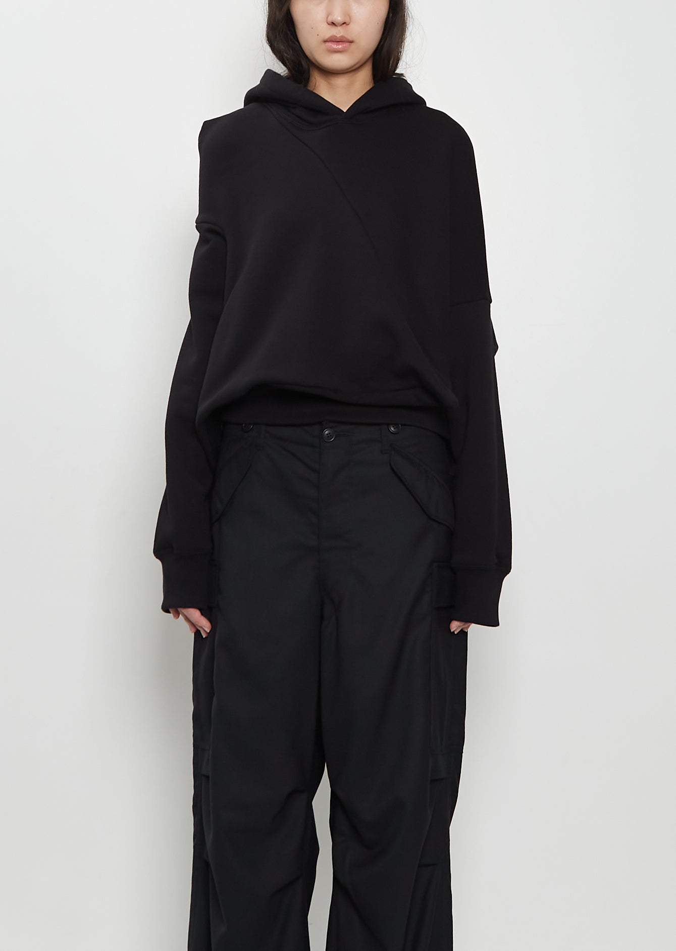 Junya Watanabe 코튼 프렌치 테리 비대칭 후드티