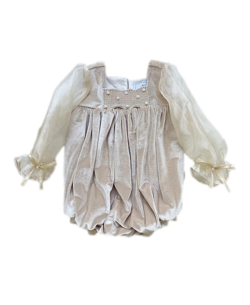 Petite Maison Kids 유니섹스 피티트 메종 헬레나 벨루어 롬퍼 오간자 퍼프 슬리브