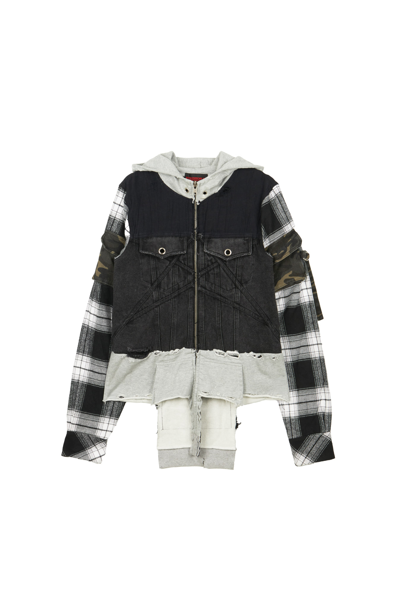 RECKLESSSCHOLARS Trashed Denim Flannel Trucker Jacket