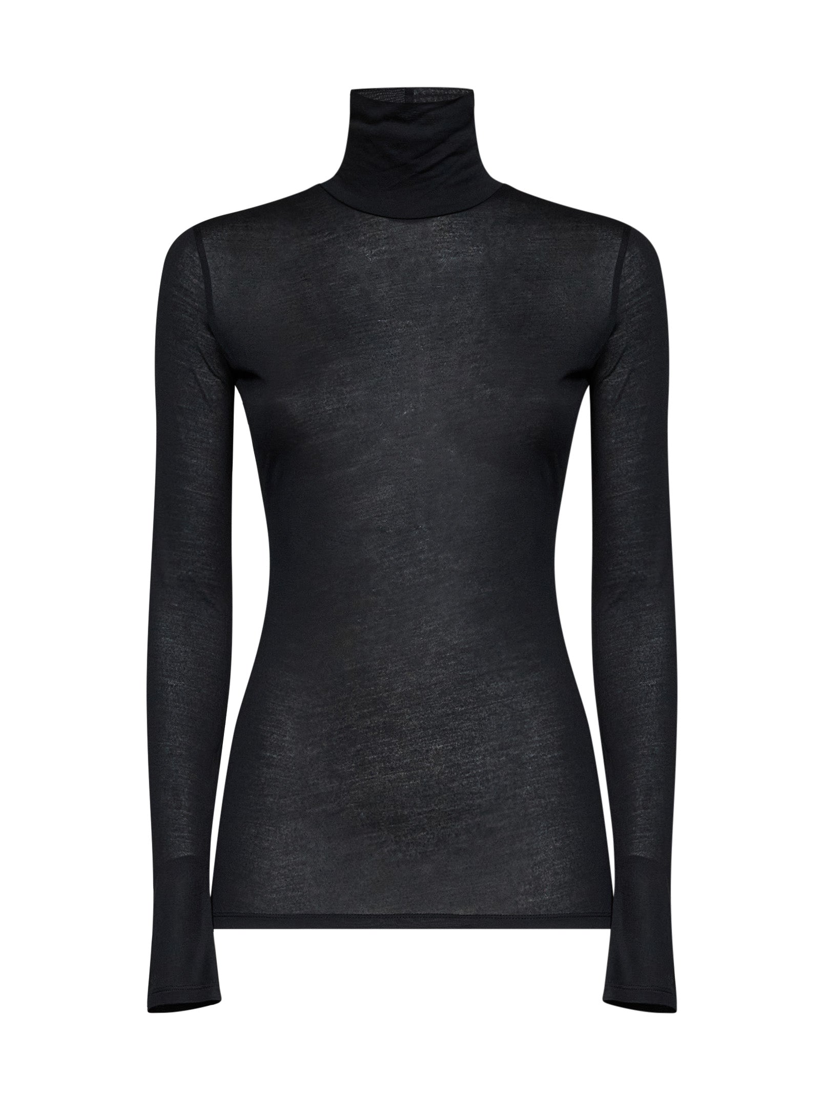 MUGLER 블랙 시어 모달 실크 터틀넥 탑
