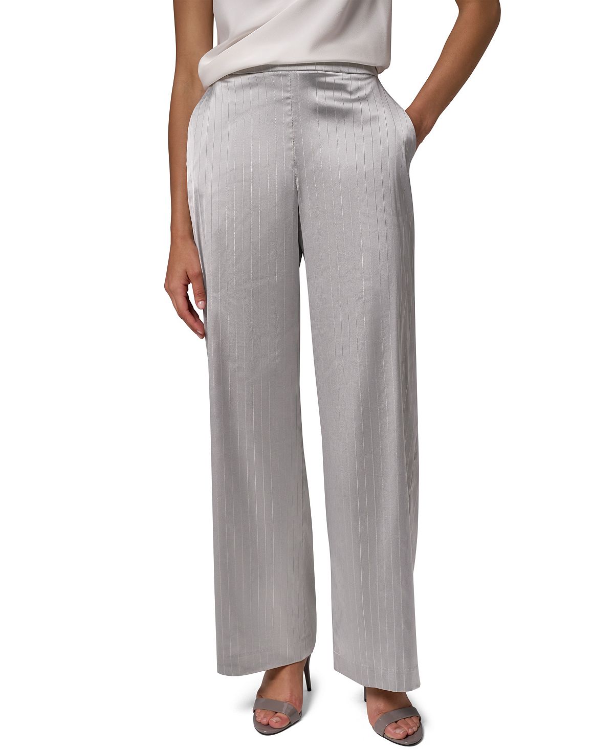 Donna Karan/ DK  여성 와이드 레그 풀온 메탈릭 새틴 팬츠