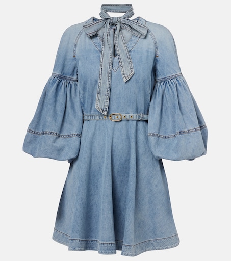 ZIMMERMANN 타이넥 퍼프 슬리브 데님 미니드레스