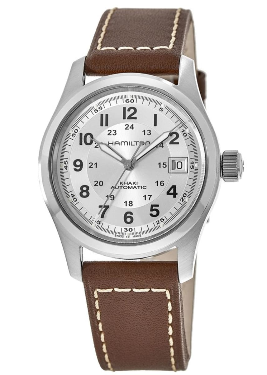 HAMILTON 카키 필드 오토 38MM 실버 다이얼 가죽 스트랩 남성 시계 H70455553