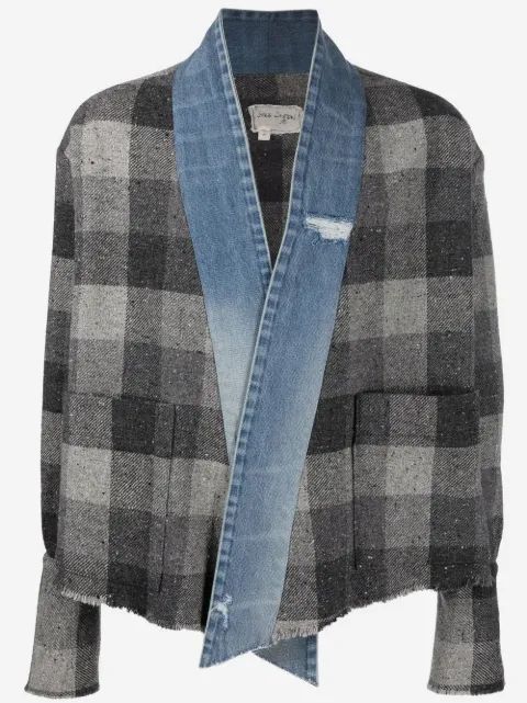 GREG LAUREN 데님 트림 체크 셔츠 자켓