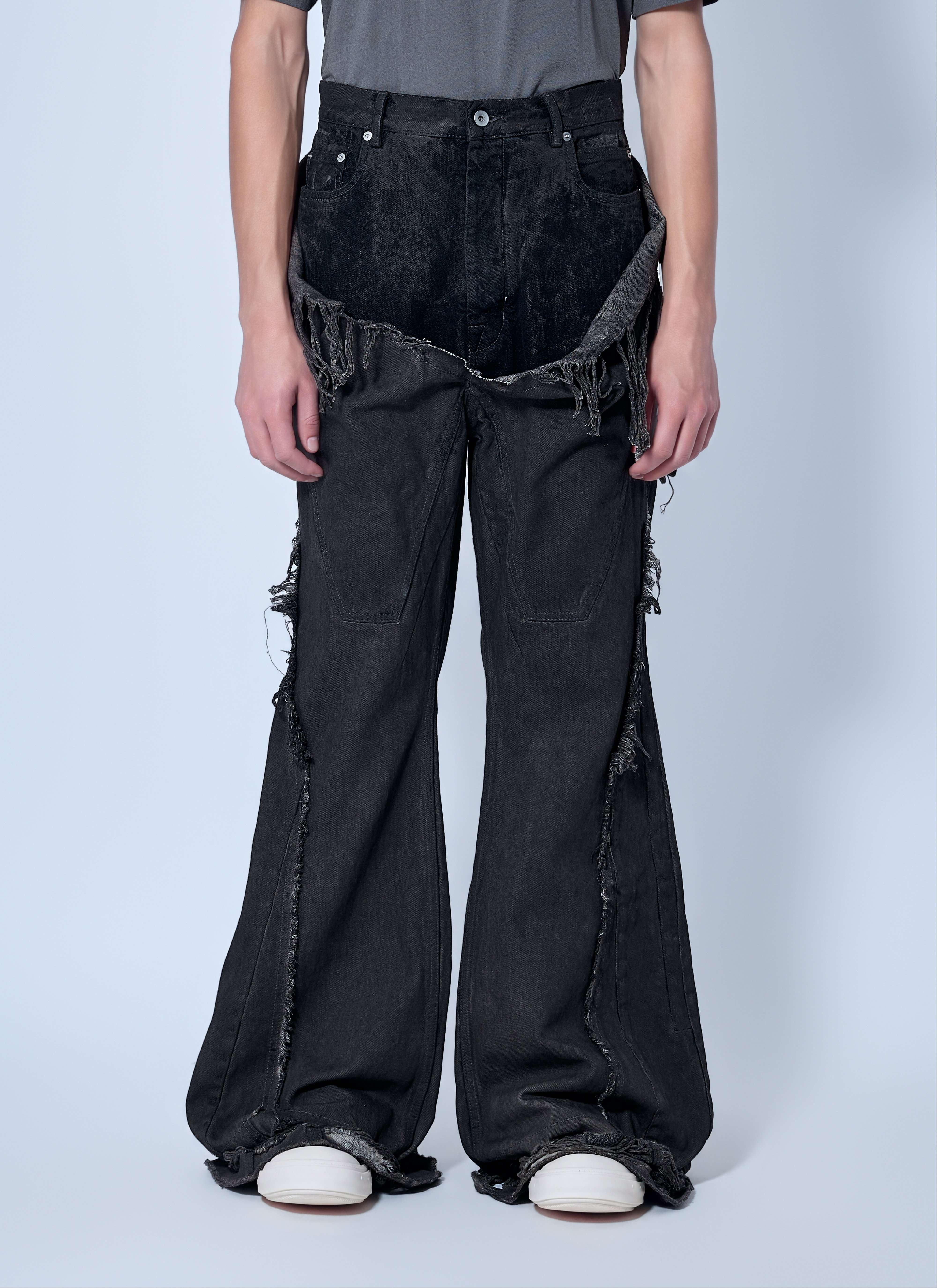 RICK OWENS DRKSHDW 셔레드 데님 슬리버드 부츠컷 진