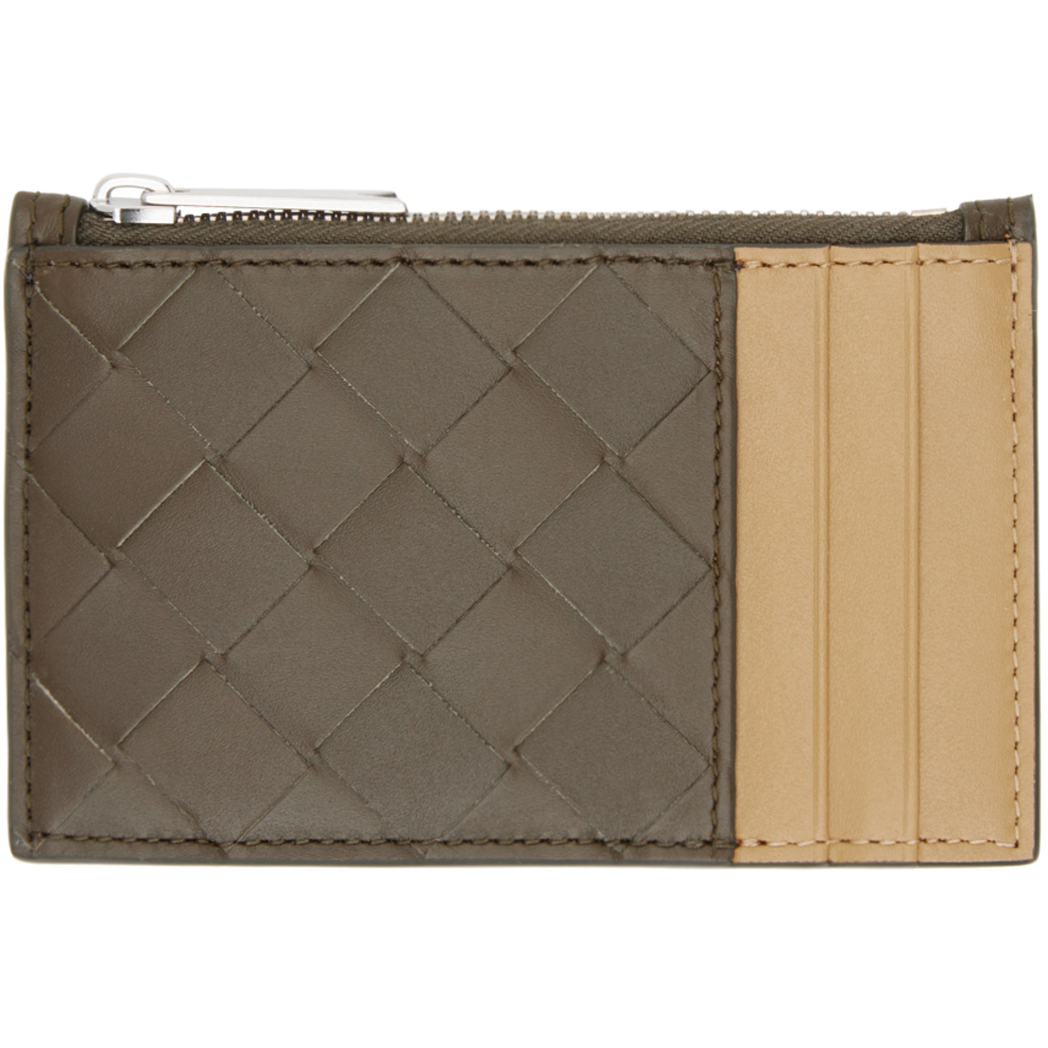 BOTTEGA VENETA 브라운 탄 인트레치아토 지퍼 카드 홀더