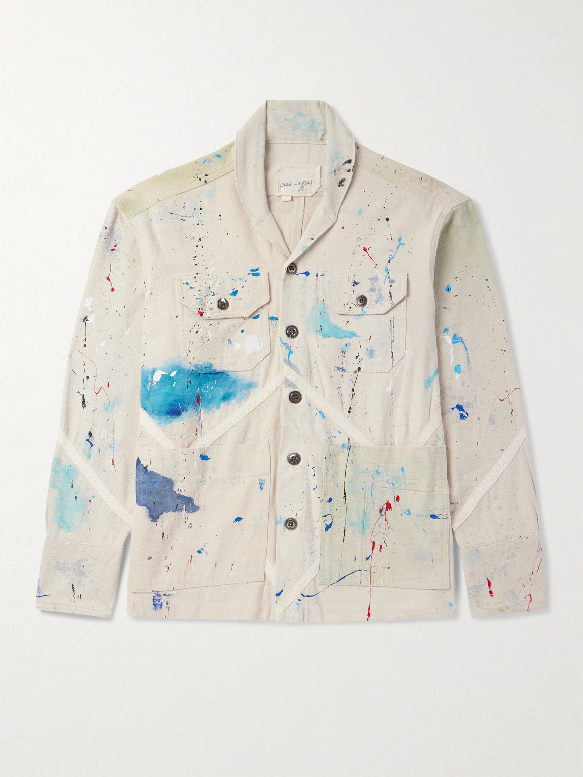 GREG LAUREN 숄 칼라 페인트 스플래터드 코튼 캔버스 오버셔츠
