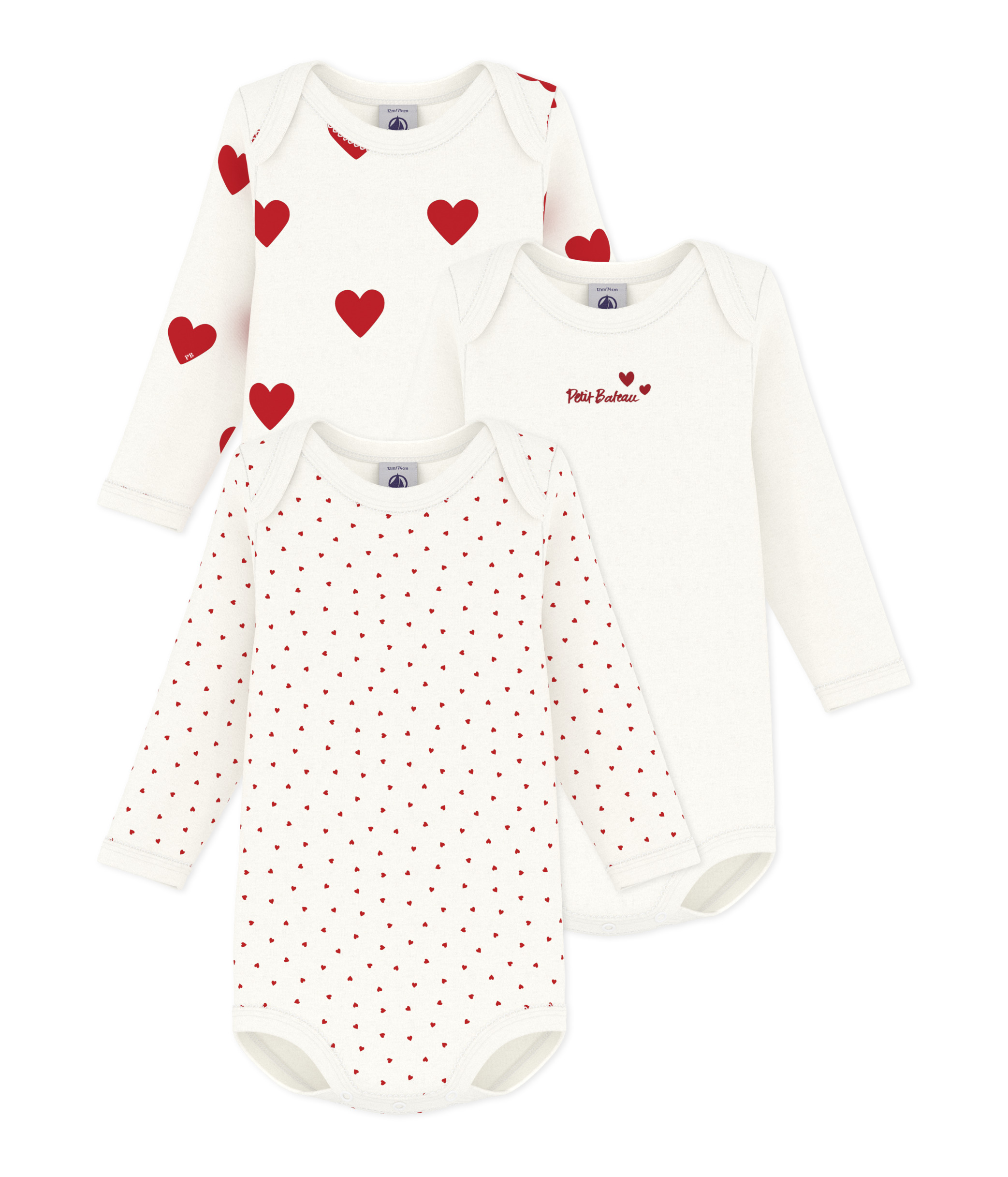 PETIT BATEAU KIDS 3 팩 하트 프린트 베이비 보디슈트 화이트