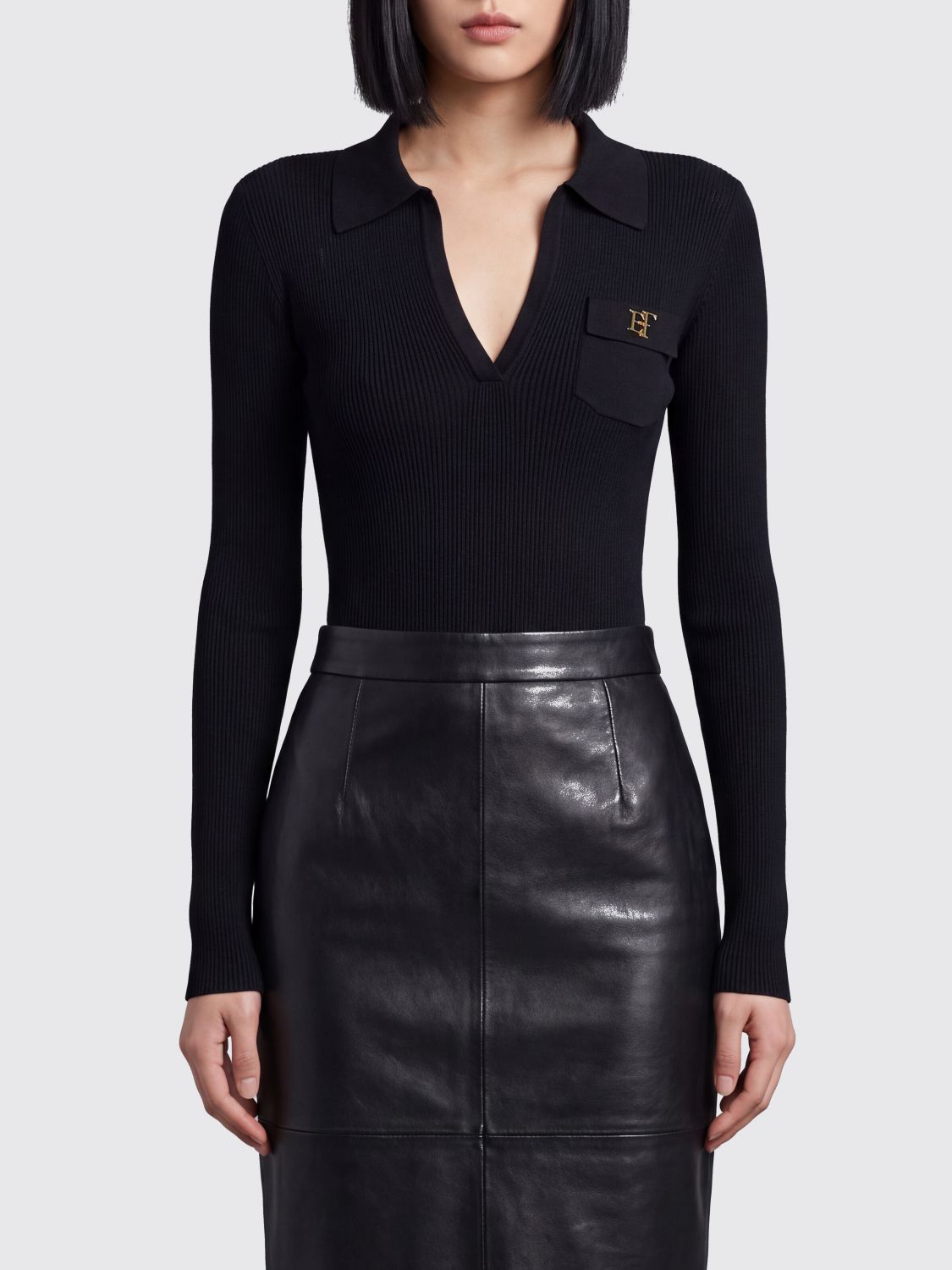 ELISABETTA FRANCHI 러플 디테일 슬림 핏 브이넥 바디수트 Elisabetta Franchi
