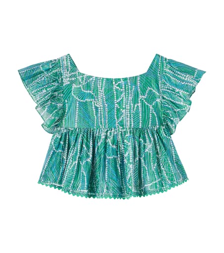 Poupette St Barth Kids 사이카스 프린트 러플 코튼 블렌드 탑