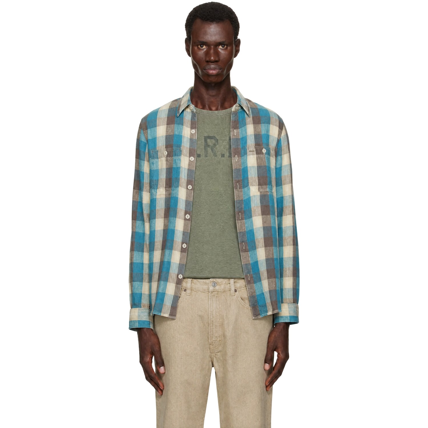RRL 블루 화이트 체크 셔츠