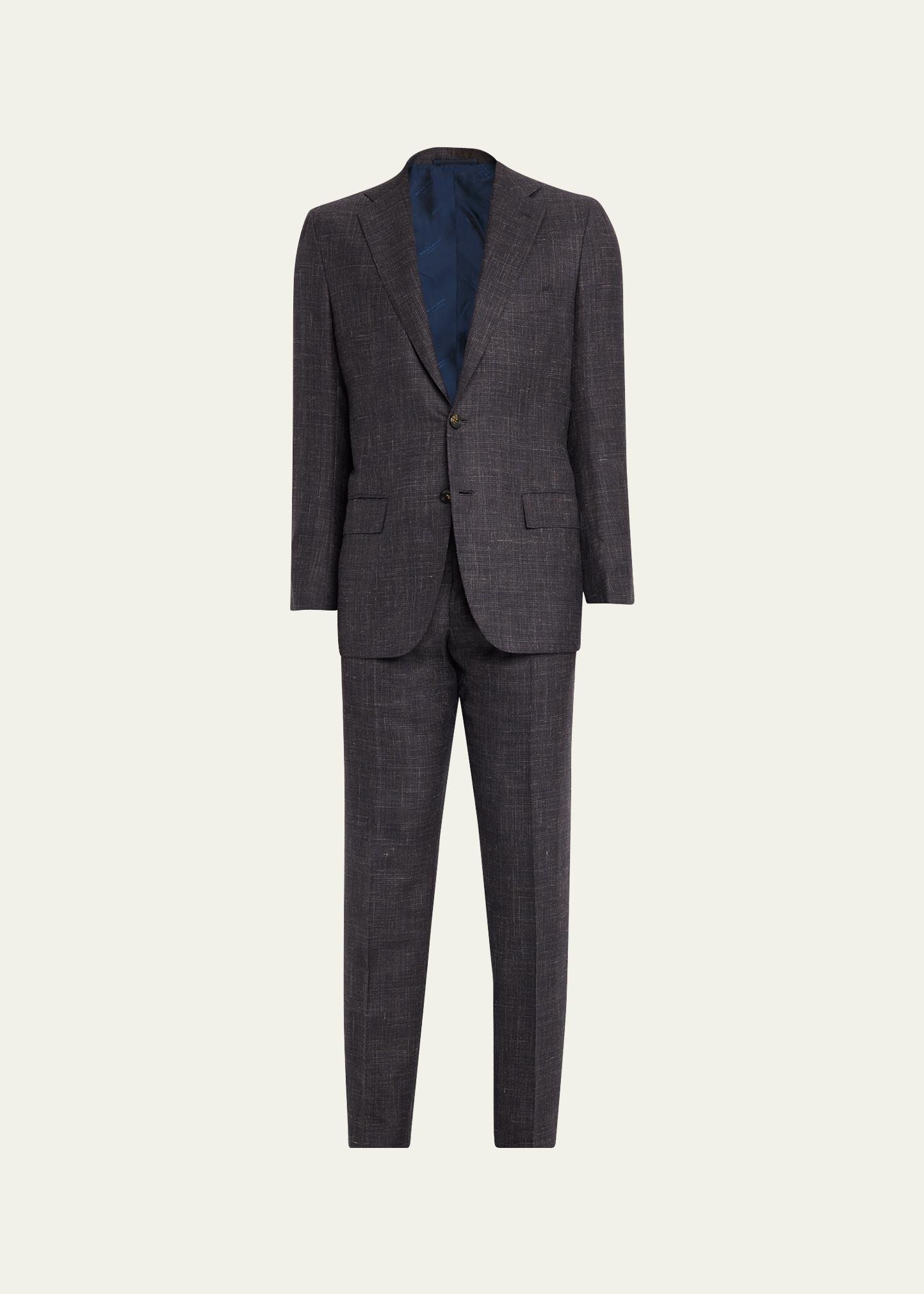 KITON 남성 캐시미어 실크 린넨 체크 투피스 수트