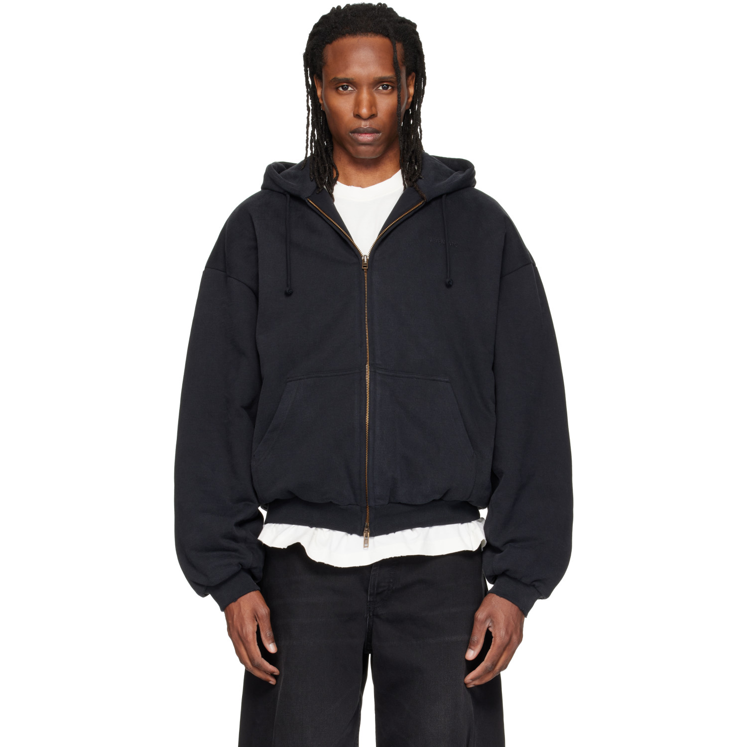 VETEMENTS 블랙 퍼프 집업 후드