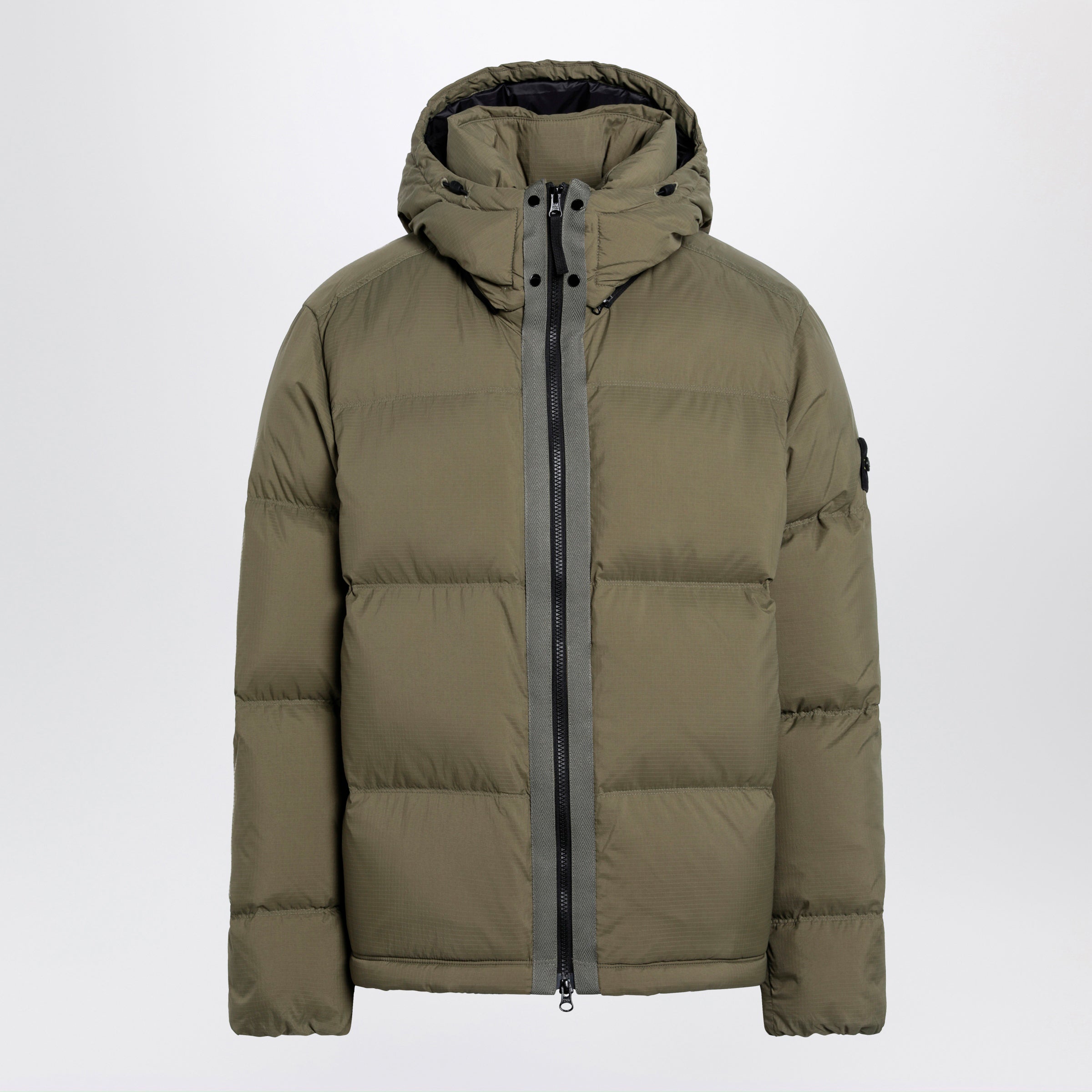 STONE ISLAND 밀리터리 그린 립스톱 나일론 집업 다운 자켓