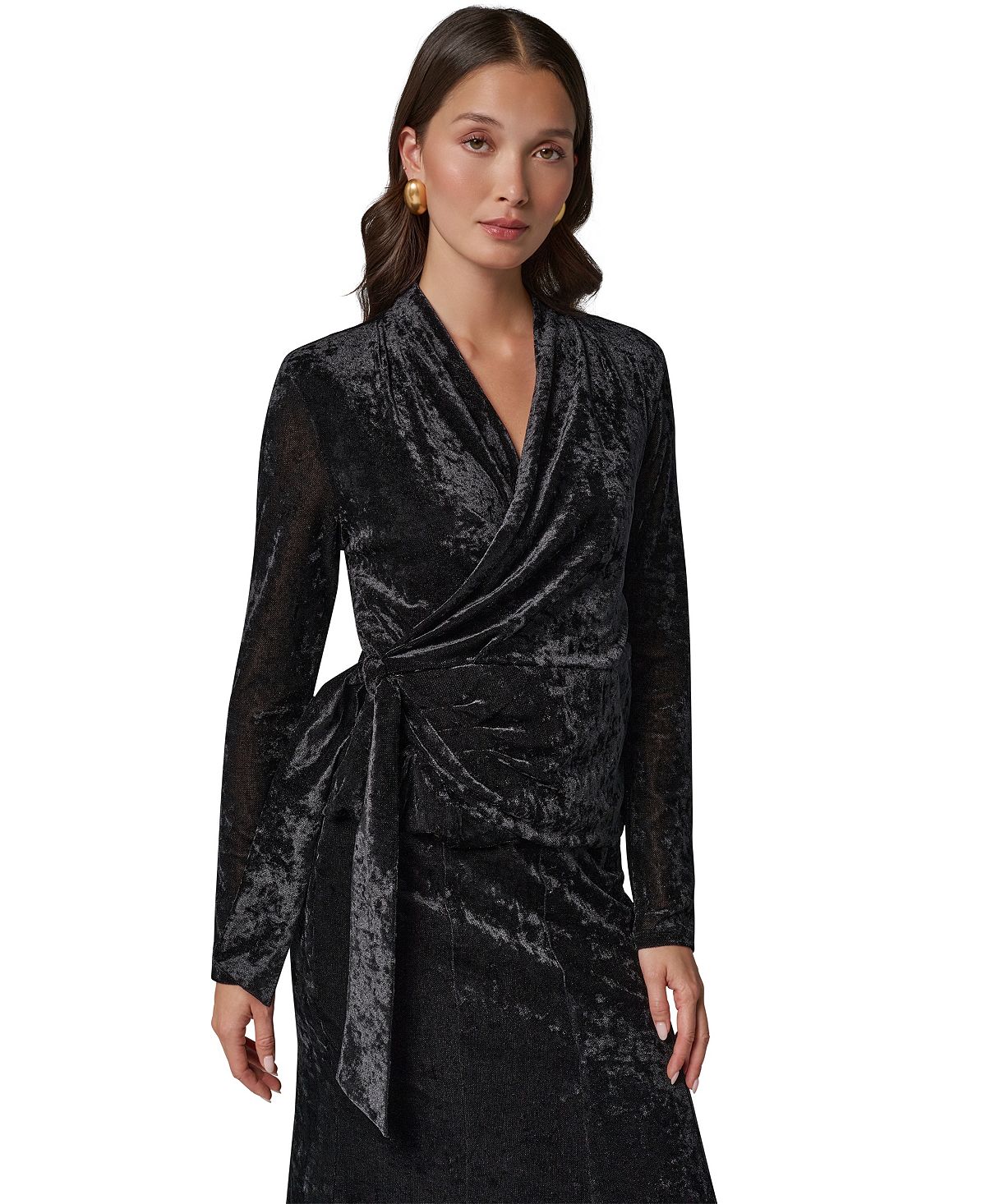 Donna Karan/ DK  여성 롱슬리브 랩 벨벳 탑