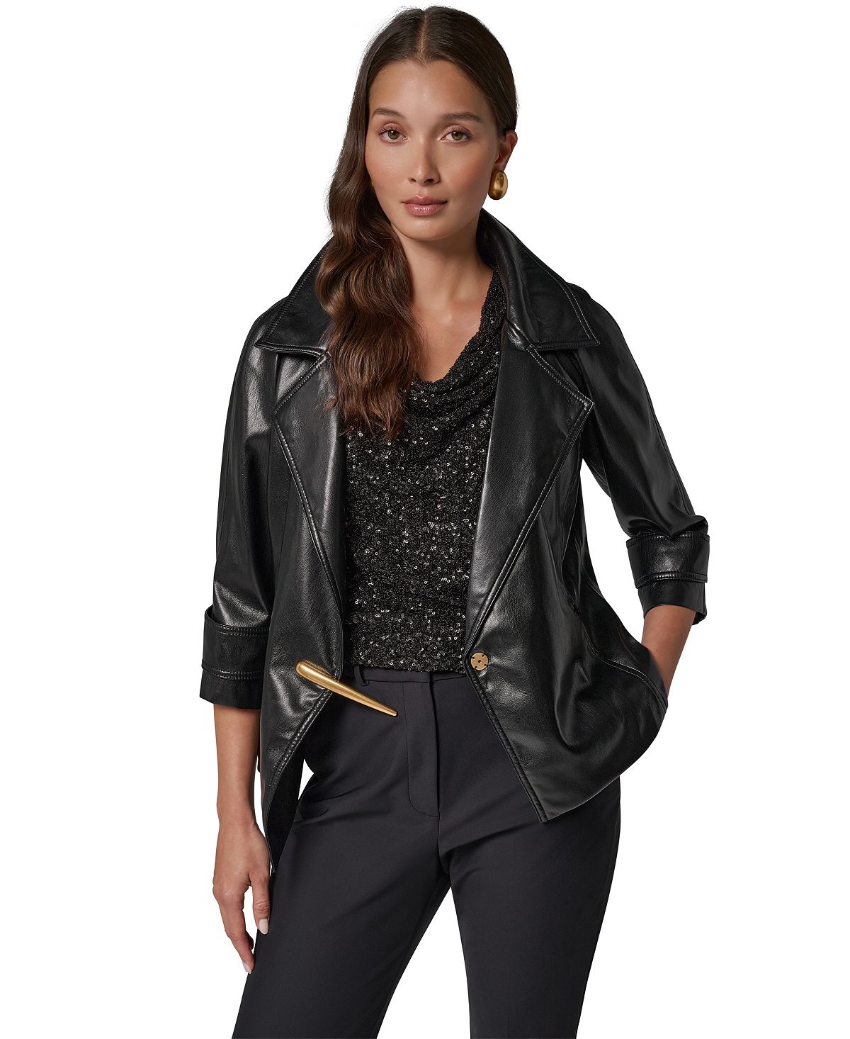 Donna Karan/ DK  여성 페이크 레더 3/4 소매 골드톤 바 하드웨어 자켓