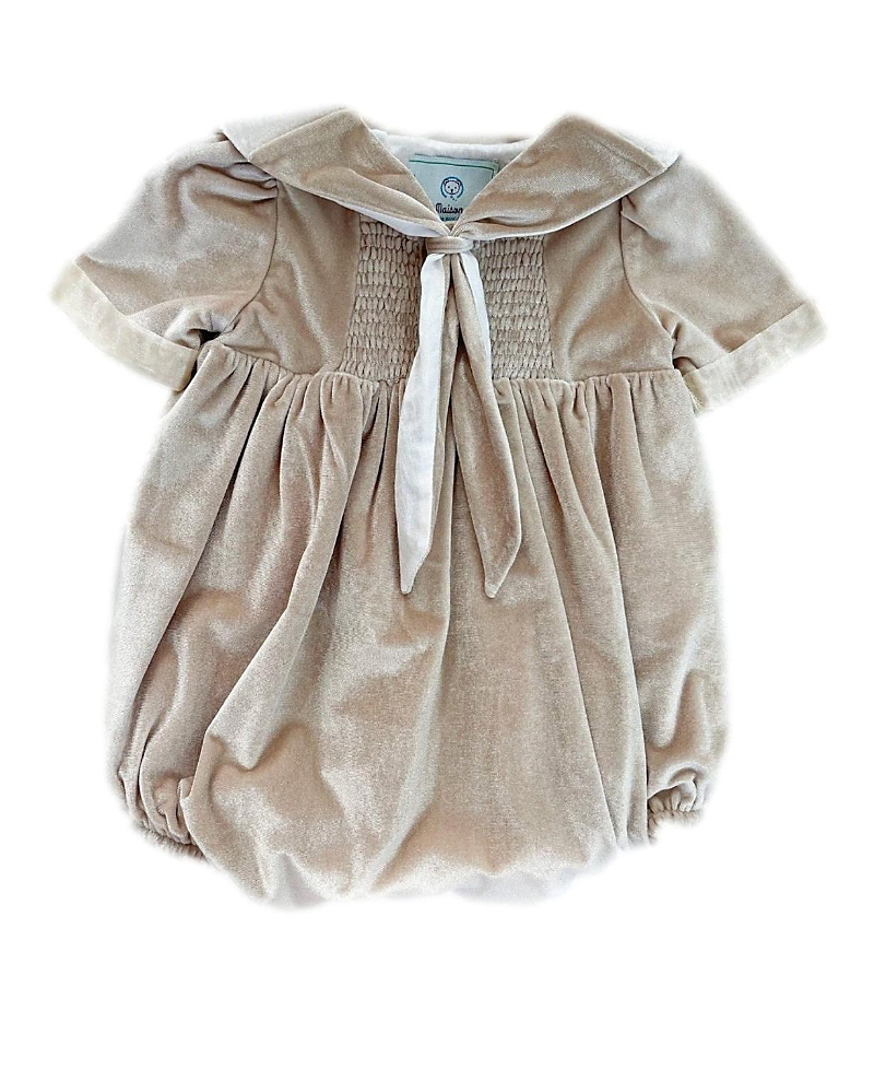 Petite Maison Kids 유니섹스 피티트 메종 헬레누스 세일러 넥 타이 벨루어 버블 롬퍼