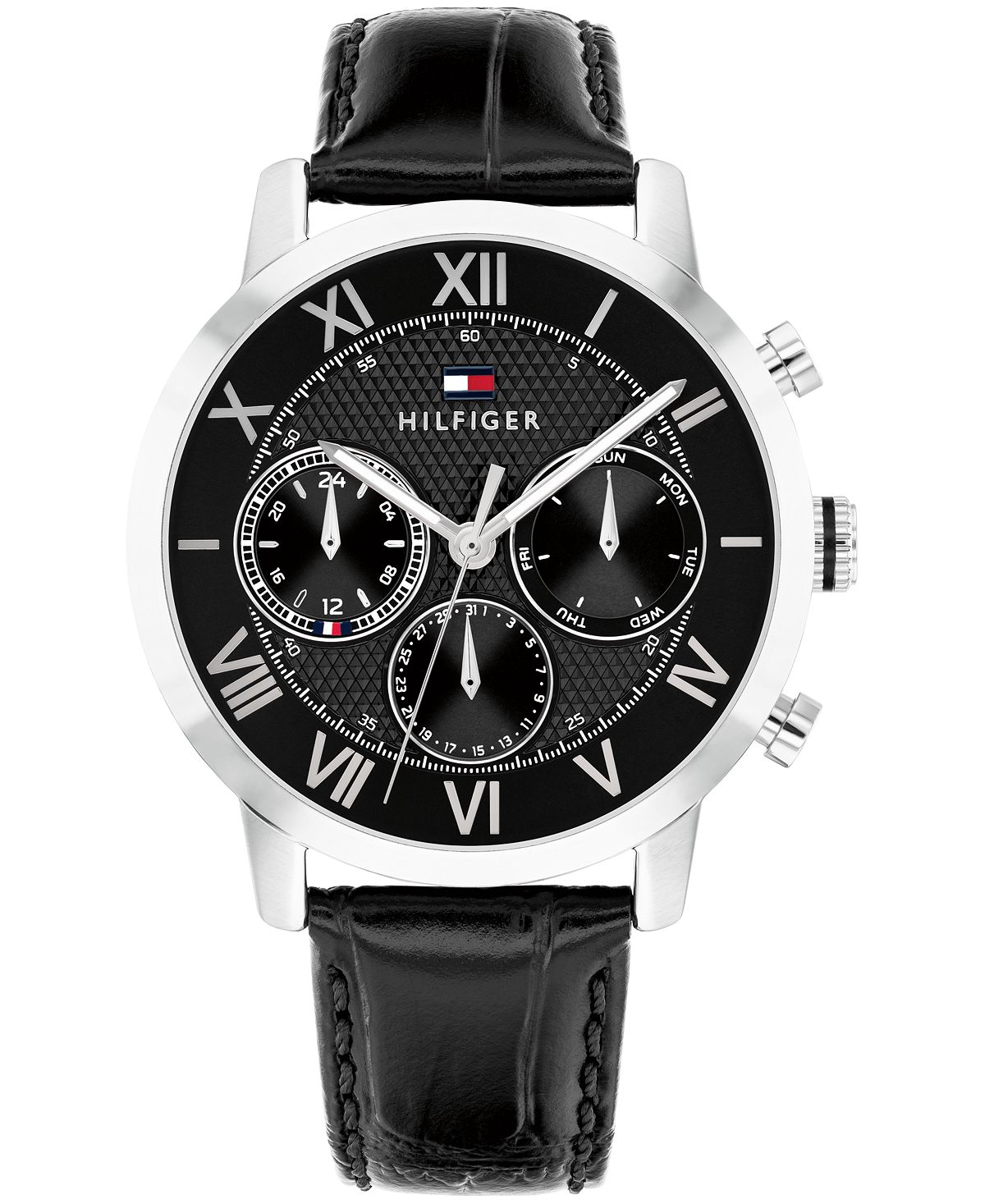 TOMMY HILFIGER 남성 다기능 블랙 가죽 스트랩 시계 42mm