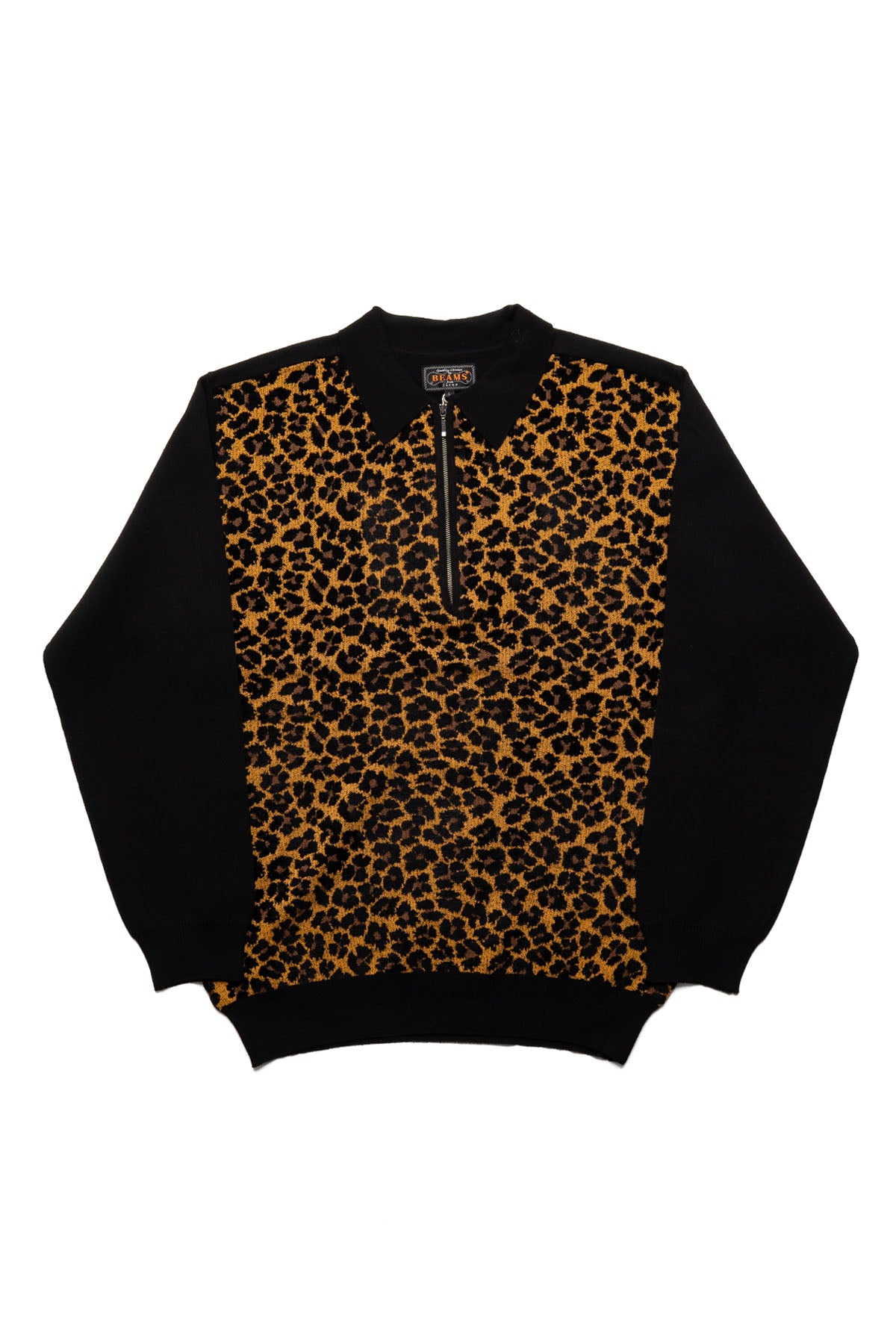 Beams Plus L/S 하프 집업 니트 폴로 애니멀 - 레오파드