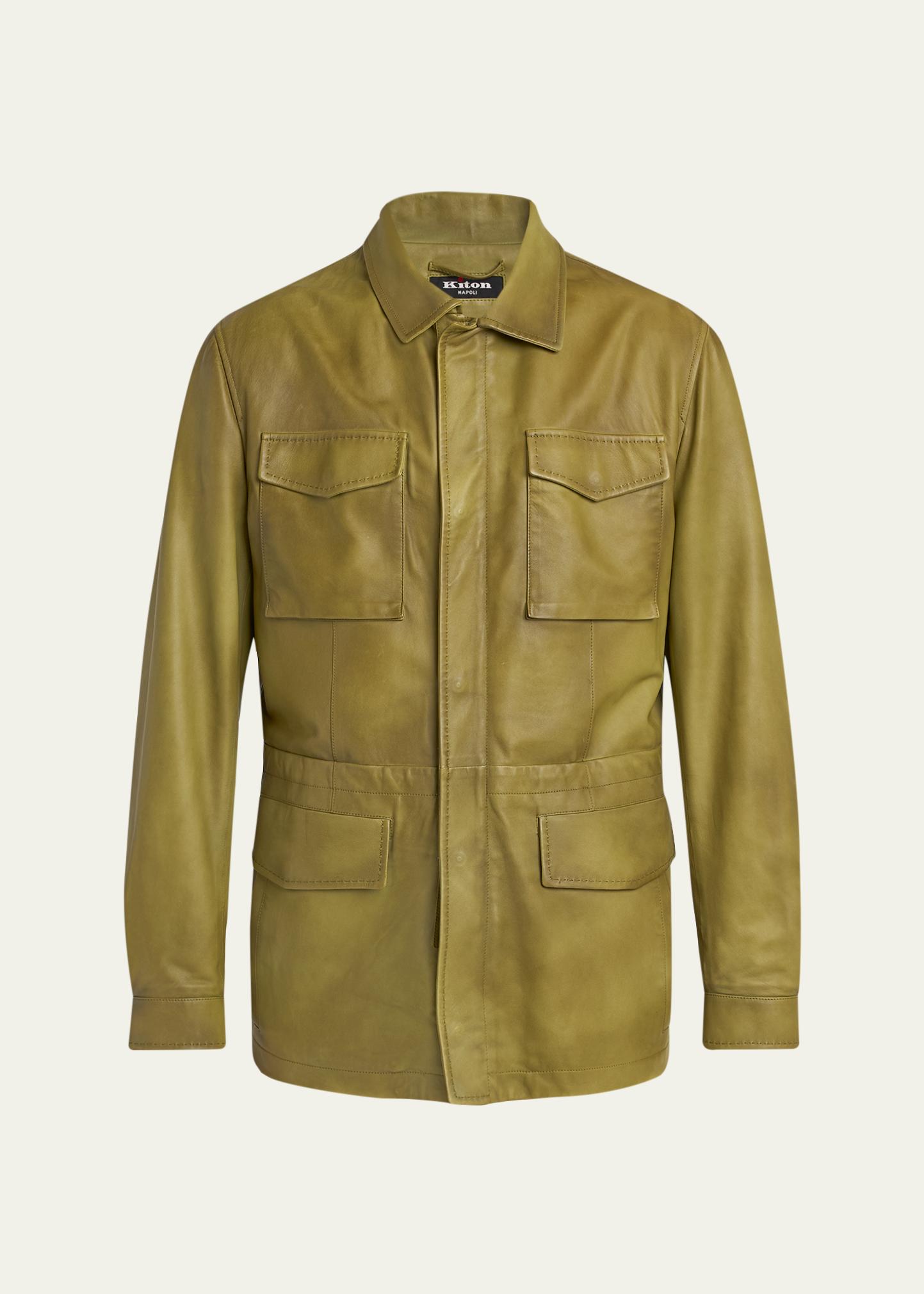 KITON 남성 가죽 플랩 포켓 필드 자켓