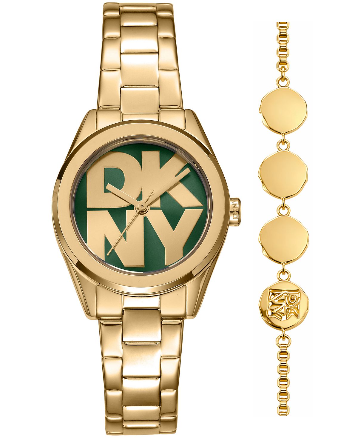 DKNY 여성 로고 쿼츠 골드톤 스테인리스 스틸 팔찌 시계 28mm 기프트 세트