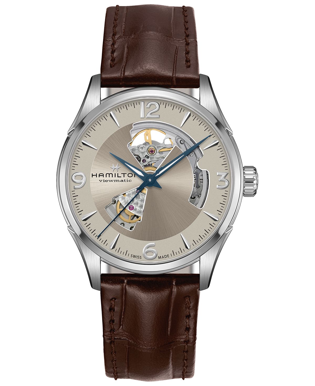 HAMILTON 남성 스위스 오토매틱 재즈마스터 오픈 하트 브라운 가죽 스트랩 시계 42mm