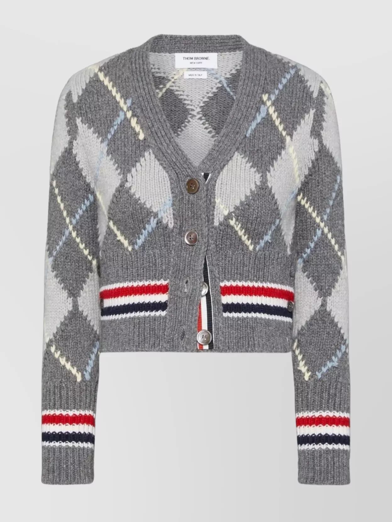 THOM BROWNE 울 아가일 청키 니트 크롭 브이넥 가디건