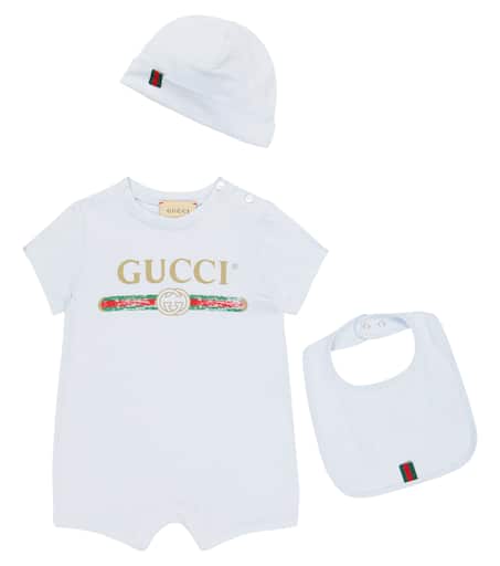 Gucci Kids 유아 코튼 바디수트 턱받이 모자 세트