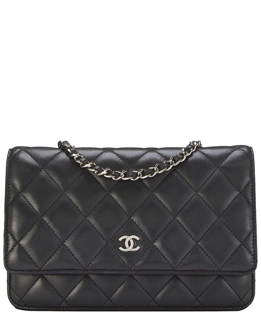 LOUIS VUITTON 샤넬 블랙 퀼팅 램스킨 가죽 지갑 온 체인