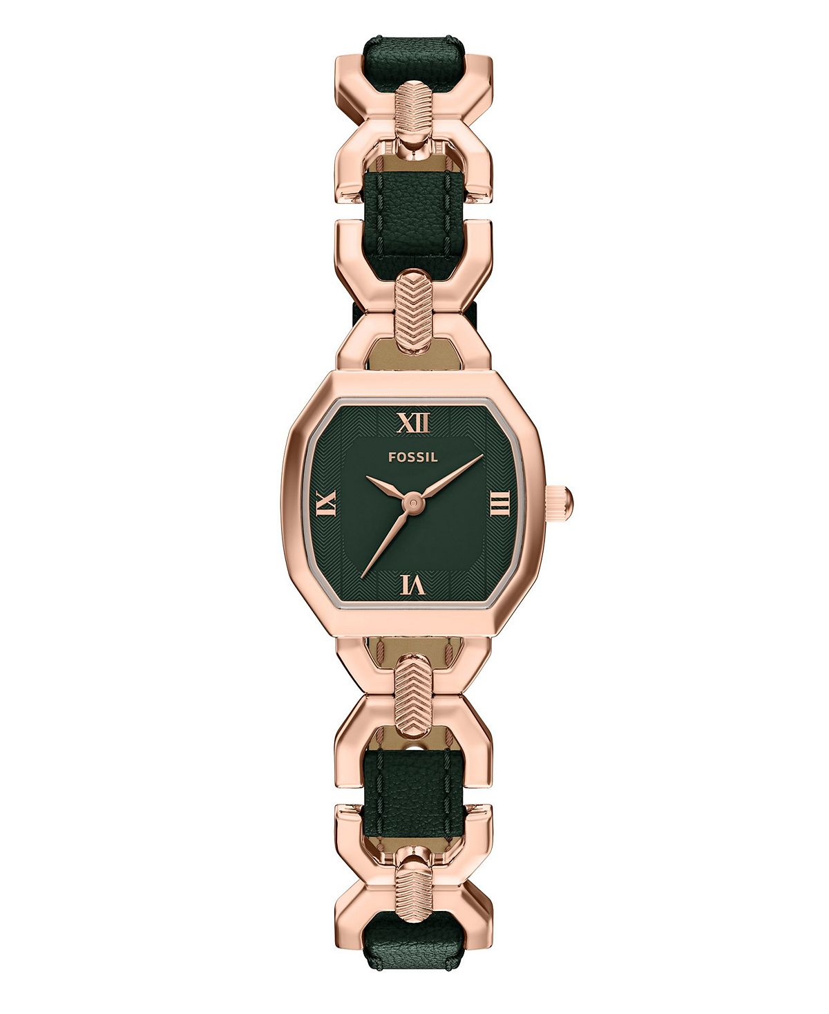 FOSSIL 여성 하를로우 3핸드 그린 가죽과 로즈 골드 스테인리스 스틸 시계 22mm