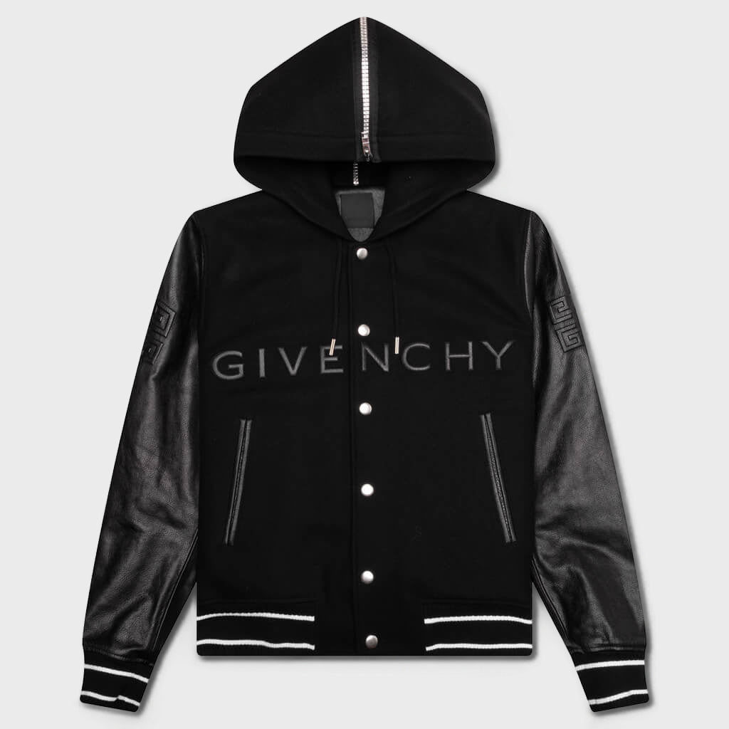 GIVENCHY 후드 바시티 자켓 울 가죽 블랙