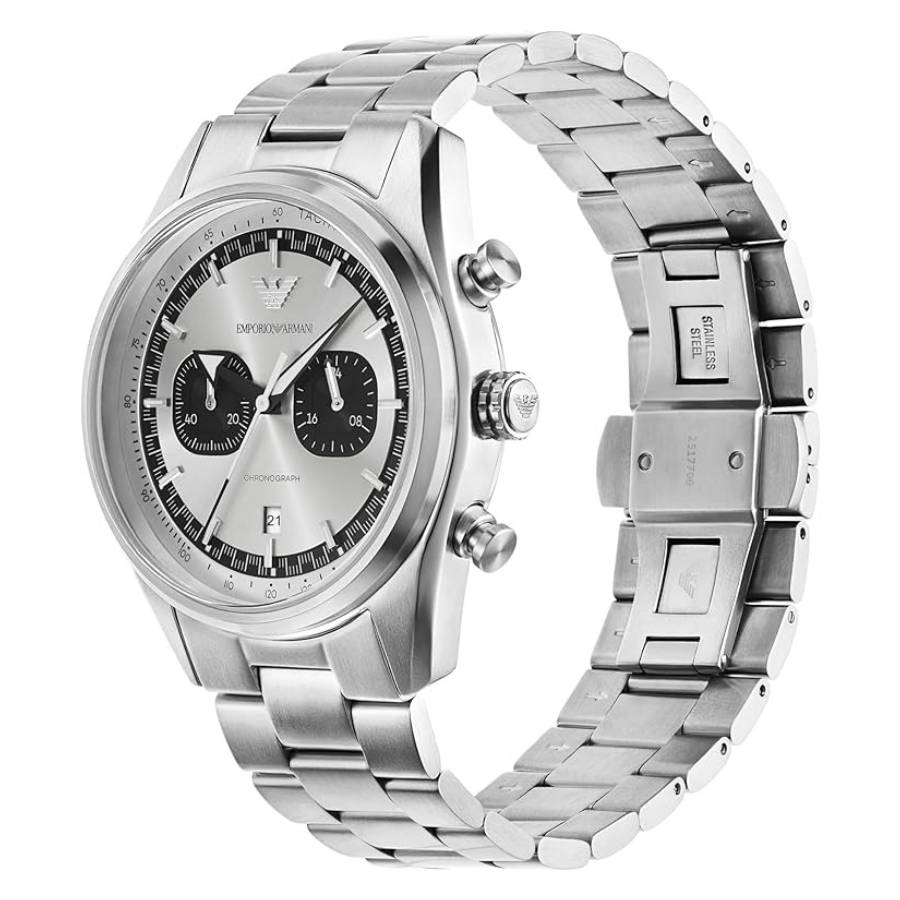 GIORGIO ARMANI 레이서 크로노그래프 쿼츠 실버 다이얼 남성 시계 AR11636