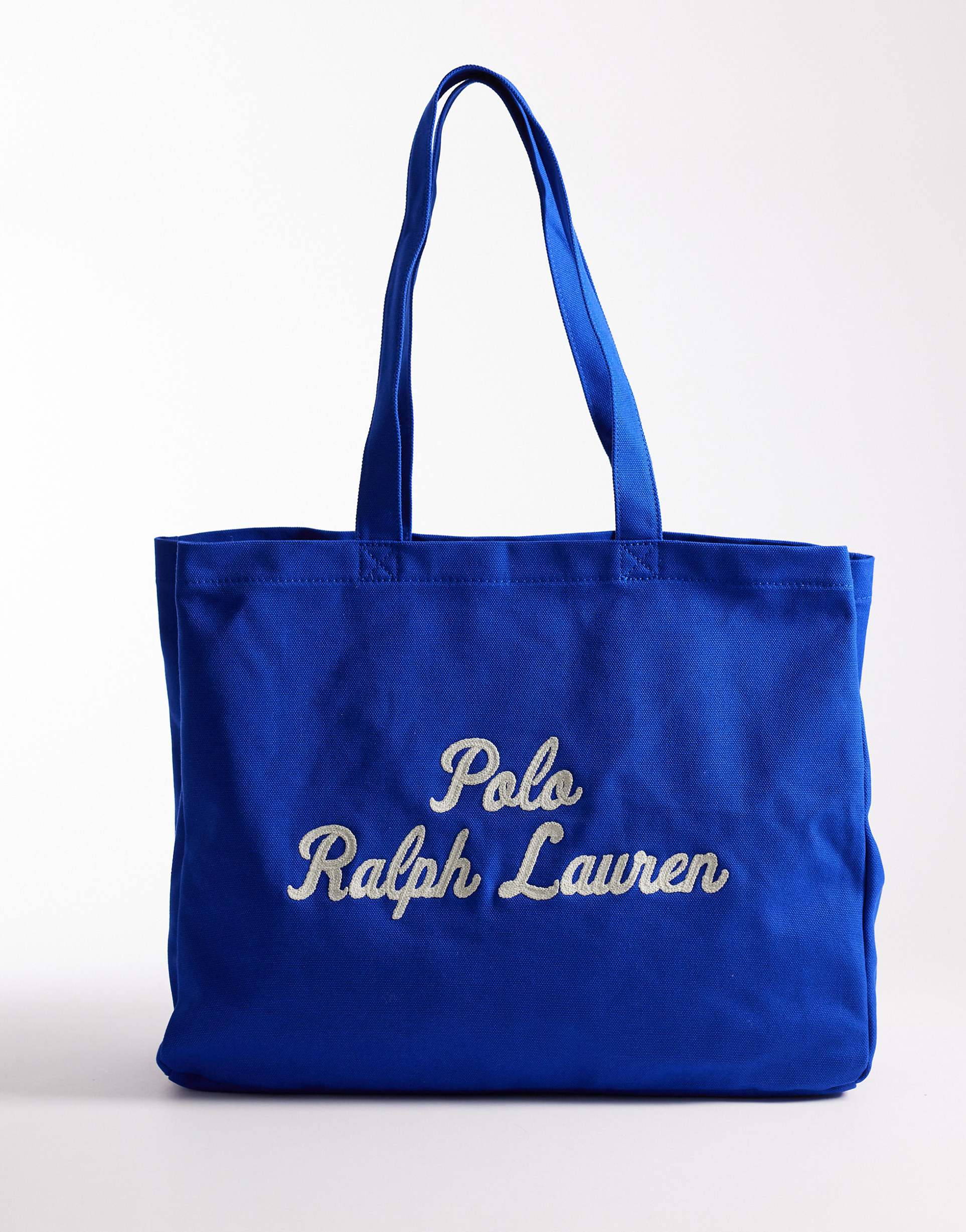 POLO RALPH LAUREN 스크립트 로고 대형 캔버스 토트백 전기 블루