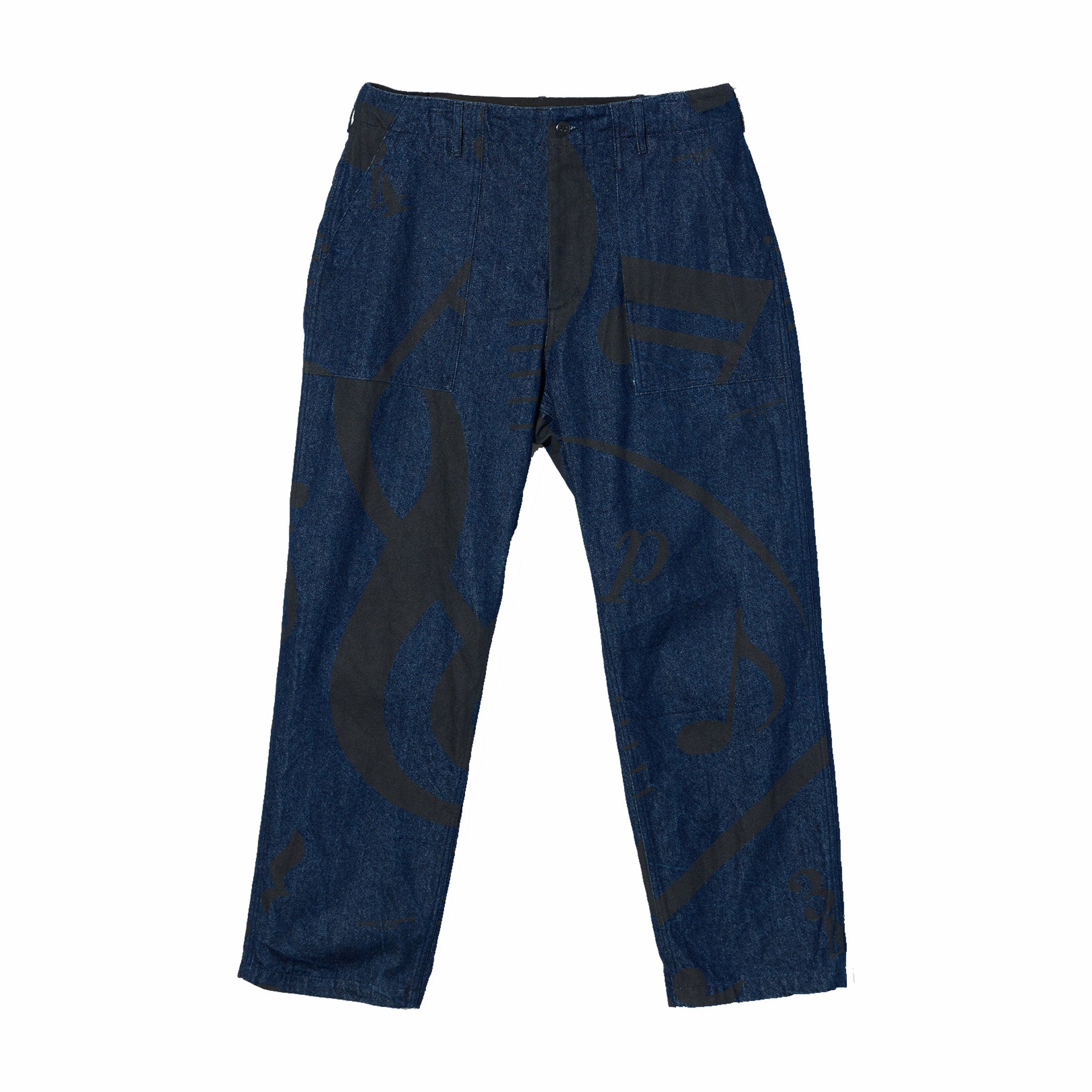 Engineered Garments 피로 팬츠 음악 노트 프린트 12온스 데님 인디고