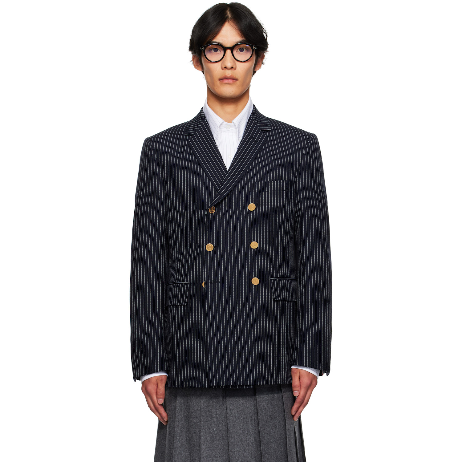 THOM BROWNE 네이비 핀스트라이프 하이 트위스트 울 스포츠코트 블레이저