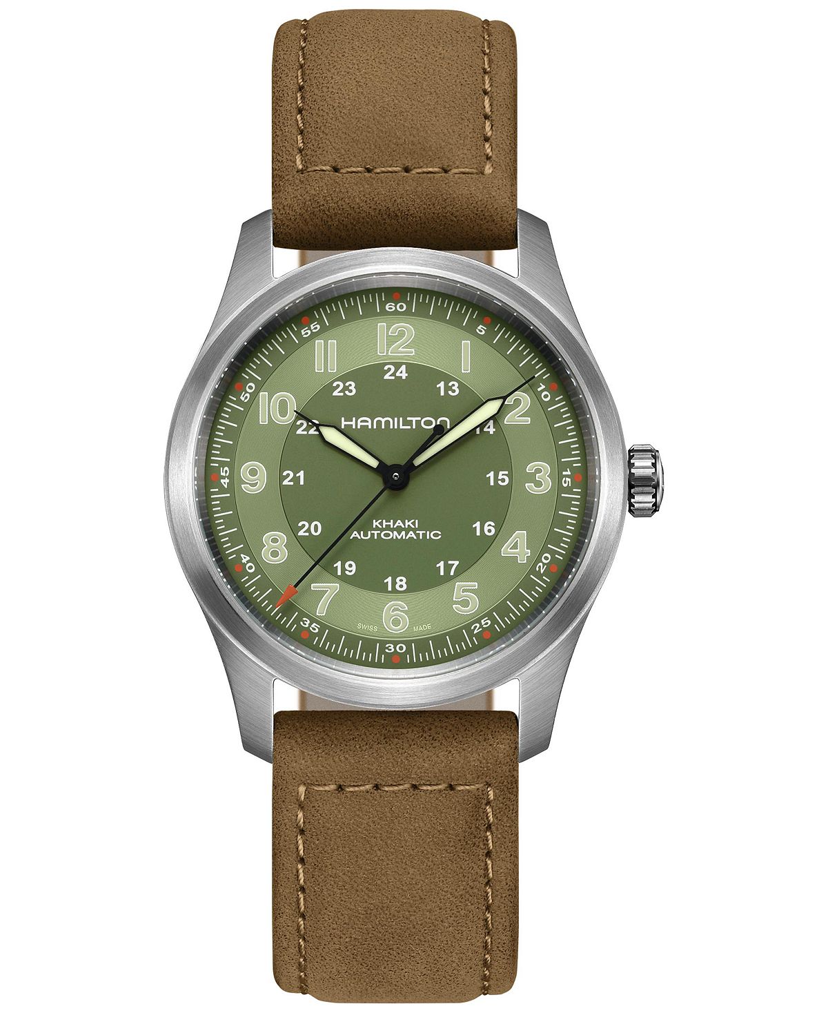 HAMILTON 남성 스위스 자동 카키 필드 가죽 스트랩 시계 38mm