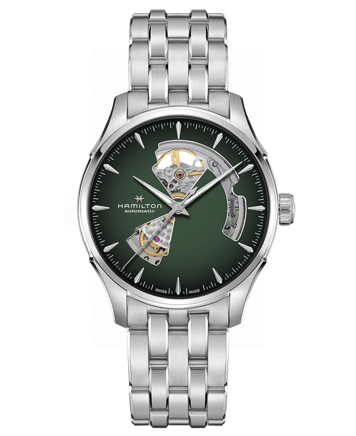 HAMILTON 남성 오토매틱 재즈마스터 오픈 하트 스모크드 그린 스테인리스 스틸 브레이슬릿 시계 40mm