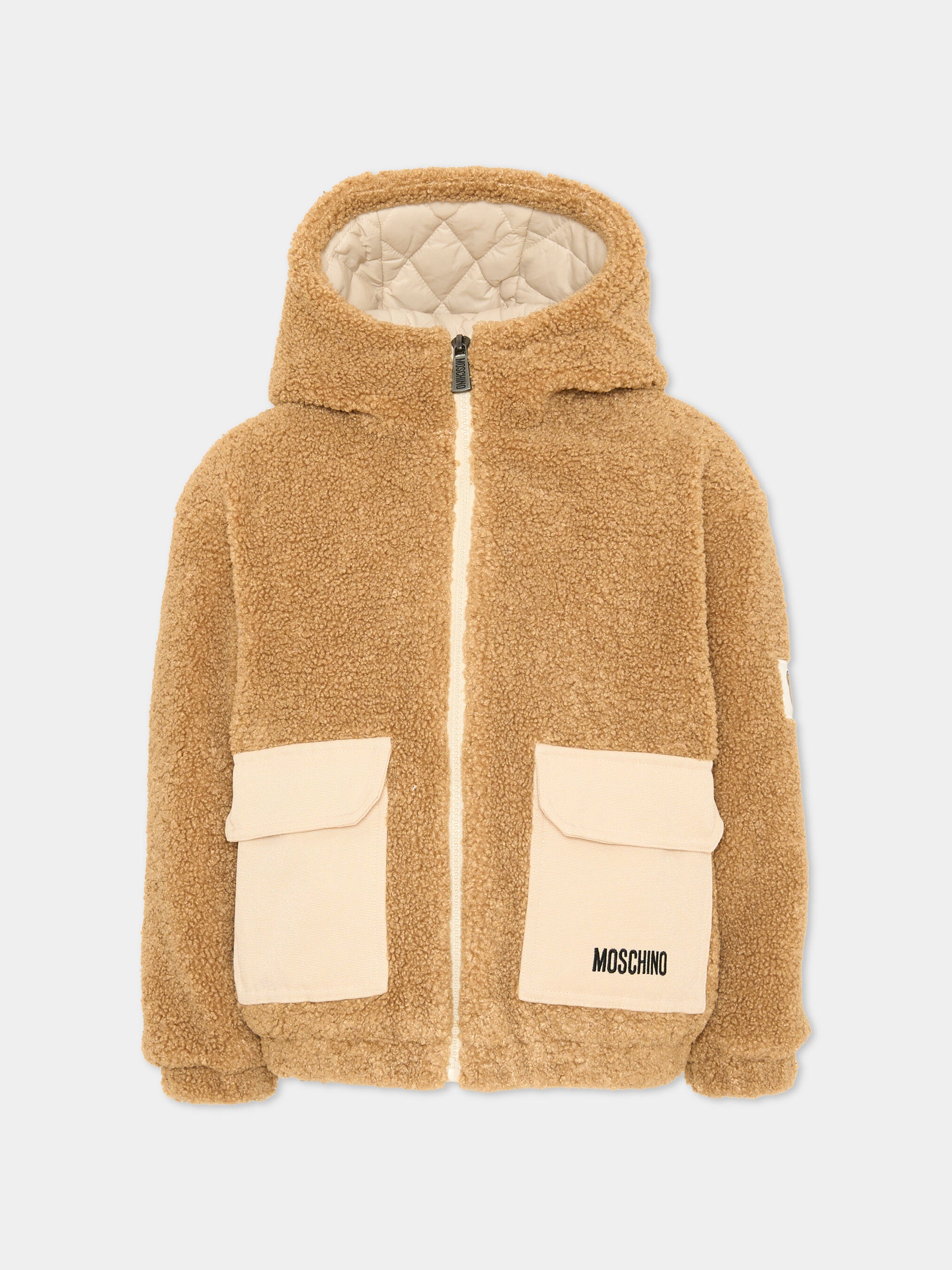 Moschino Kids 베이지 후드 퍼 코트 키즈