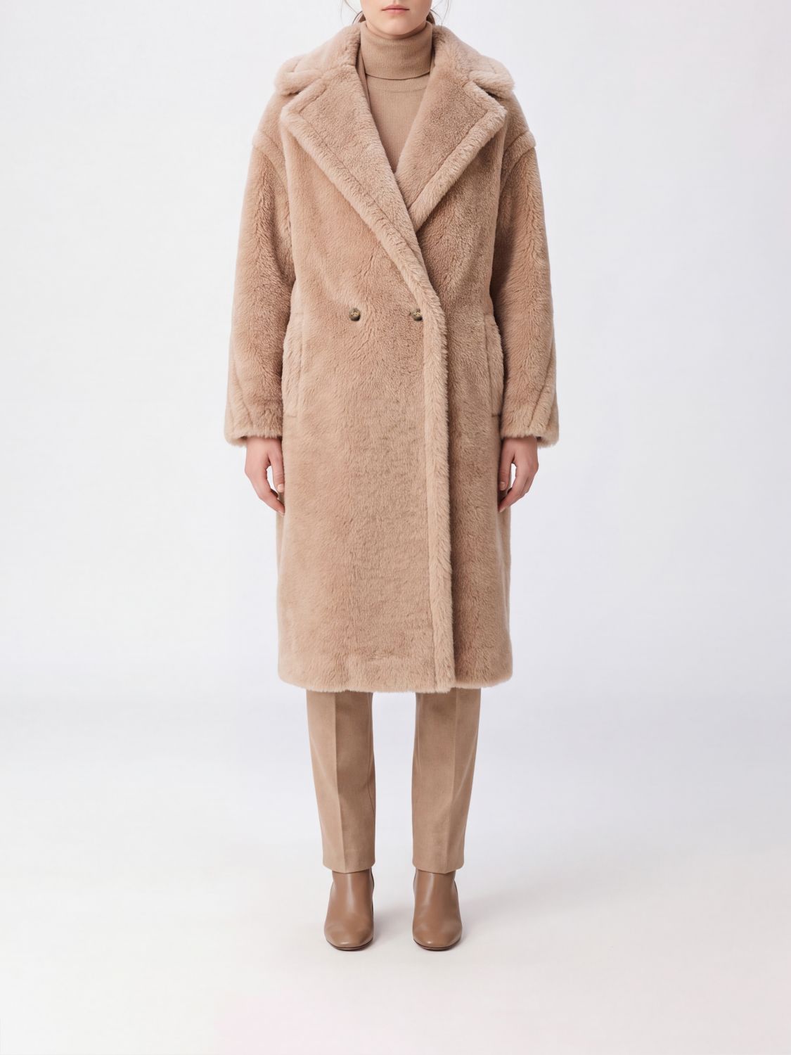 MAXMARA 드롭 숄더 더블 브레스트 울 블렌드 테디 코트