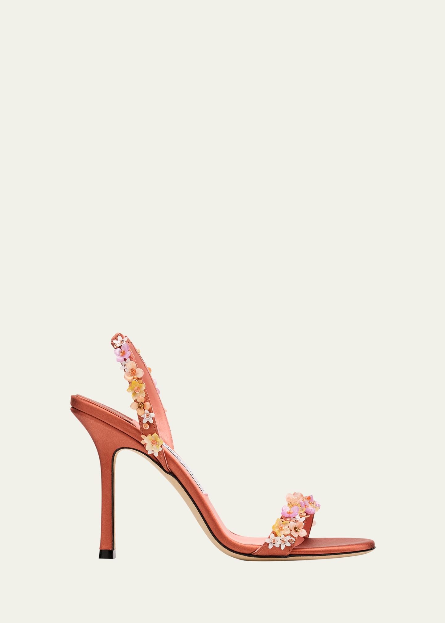 JIMMY CHOO 100mm 젠 플라워 장식 새틴 샌들