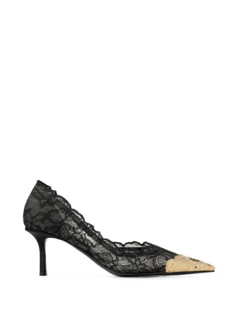JIMMY CHOO 파이즈 65 블랙 빈티지 골드 레이스 펌프스 메탈 레이스 디테일