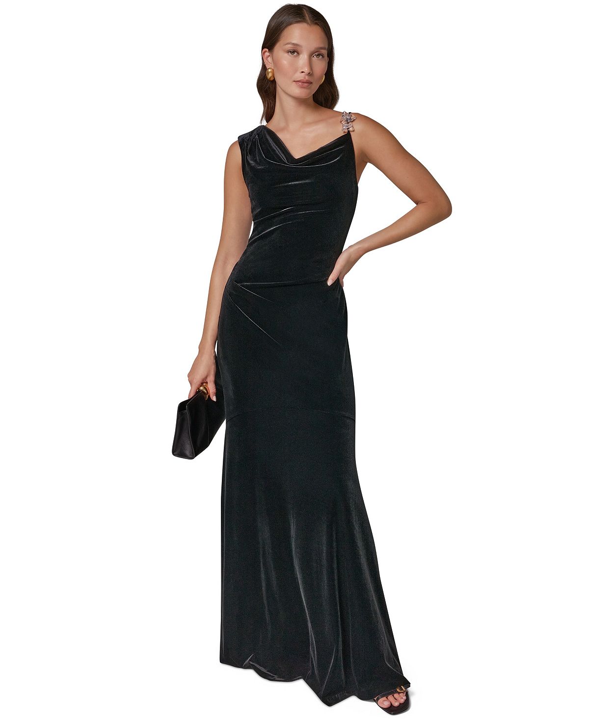 Donna Karan/ DK  여성 크리스탈 비드 카울 넥 러플 벨벳 드레스