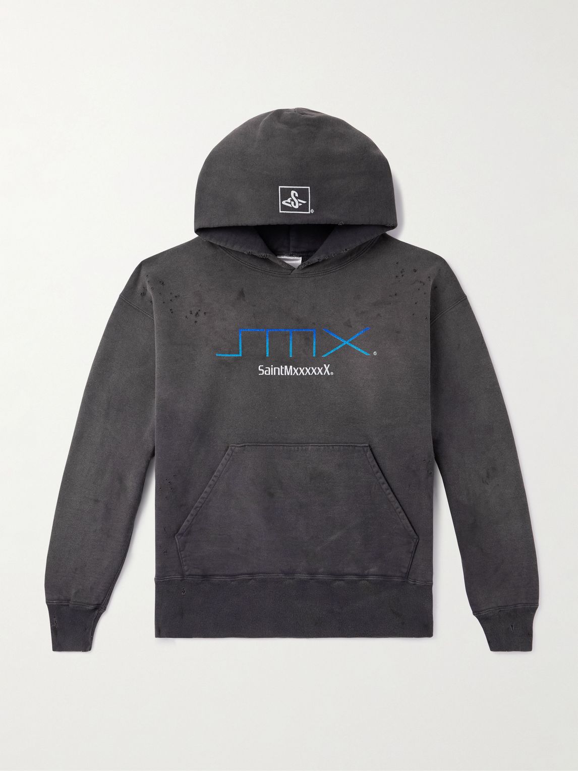 Saint Michael SMX6 디스트레스트 로고 프린트 면 저지 후드티