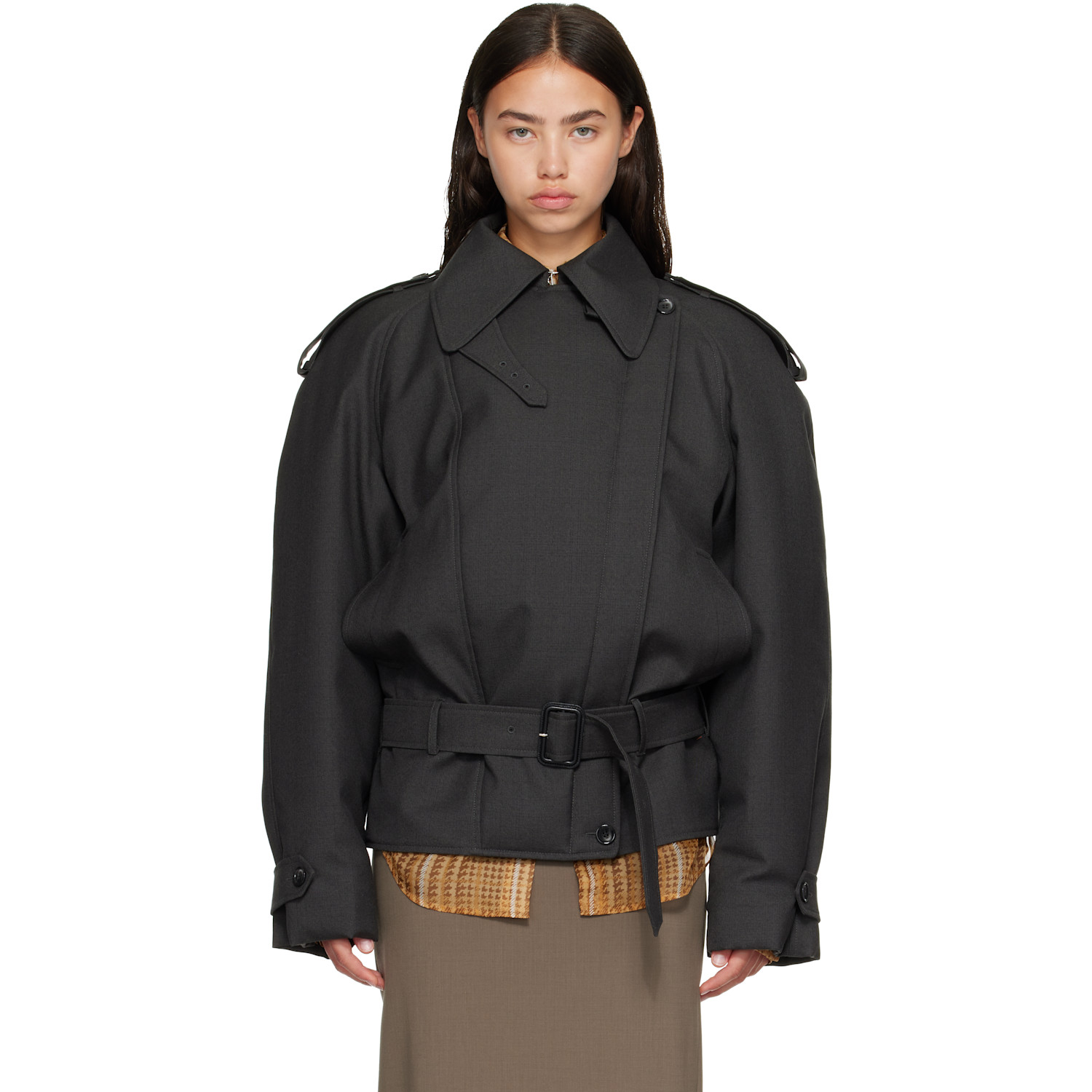 MUGLER 그레이 라운드 자켓