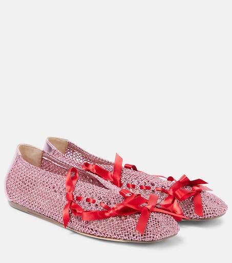 Simone Rocha 리본 디테일 레더 트리밍 크로셰 발레리나 플랫