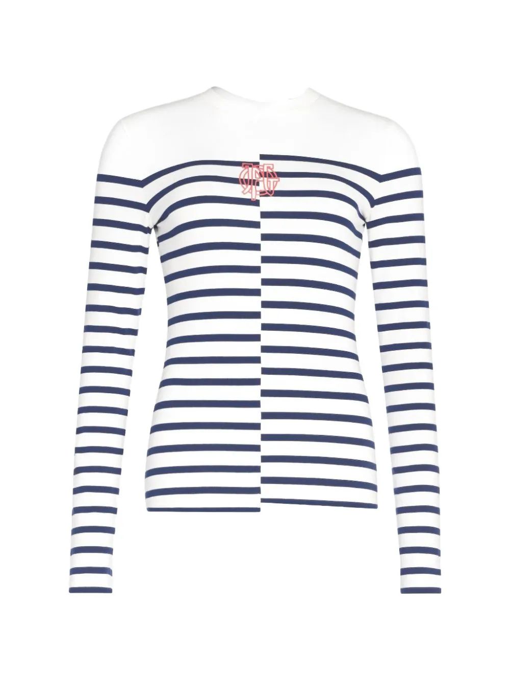 JEAN PAUL GAULTIER 여성 스트레치 코튼 비대칭 긴팔 탑 니트 마리니에르 로고 디테일