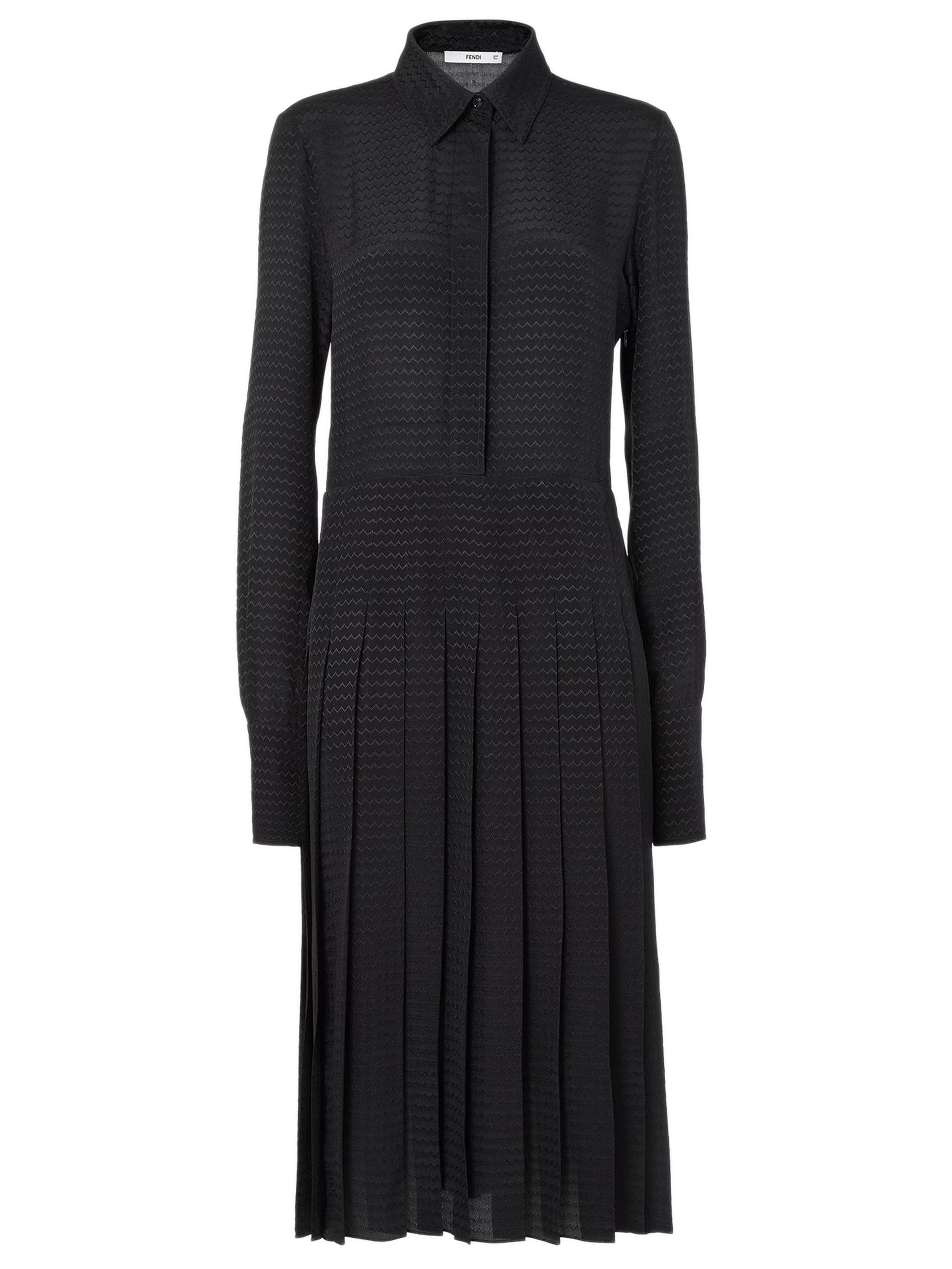 FENDI 펜디 미디 실크 셔츠 원피스 자카드 쉐브론 패턴 주름 치마